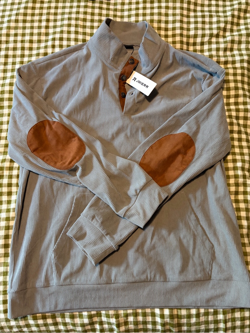 Long-Sleeve Henley Sweater with Brown Elbow Patches - Blue